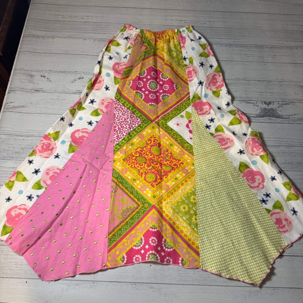 Boho Patchwork Asymmetrical Skirt in Pink & Green